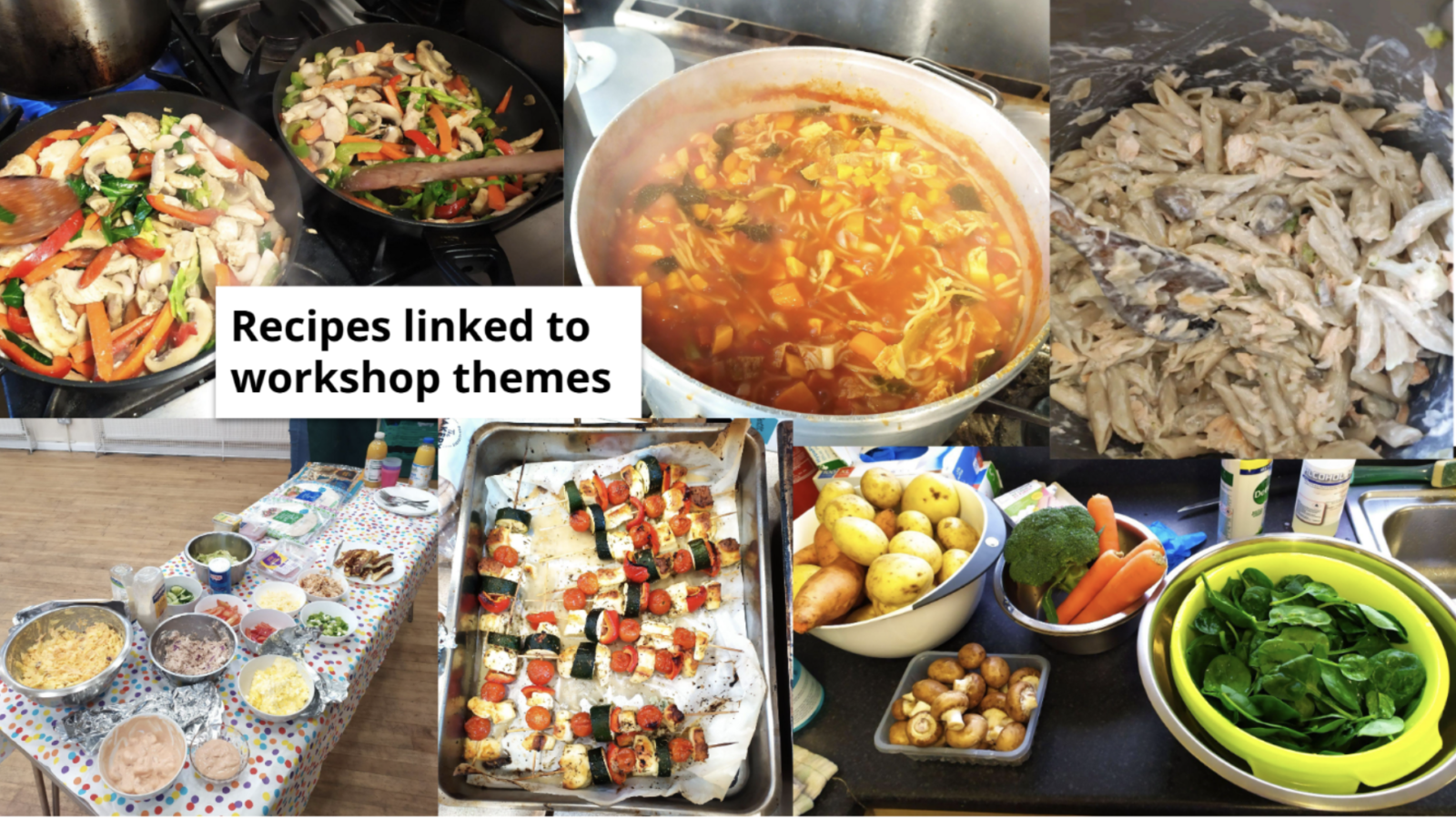 A collage af photographs of a range of hot means with a text caption which reads "recipes linked to workshop themes"