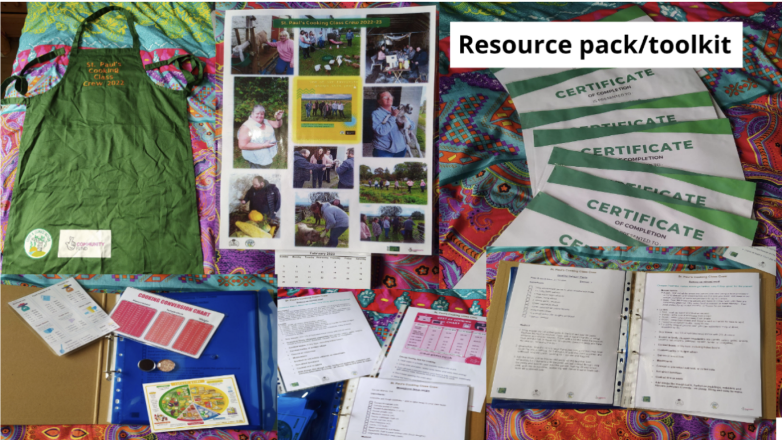 a collage of photos showing ephemera such as recipes and an apron from the cooking group with a caption reading "resource pack/ toolkit"