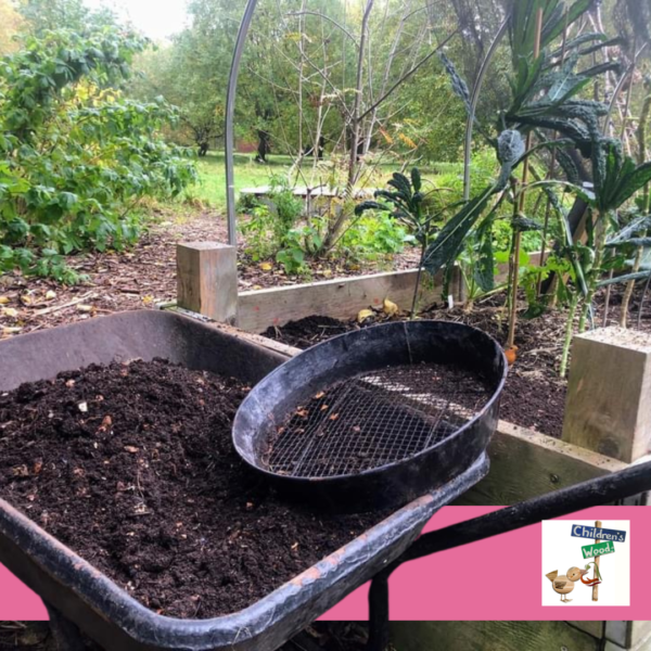 A wheelbarrow with compost and a sieve. Logo is of the Children's Wood